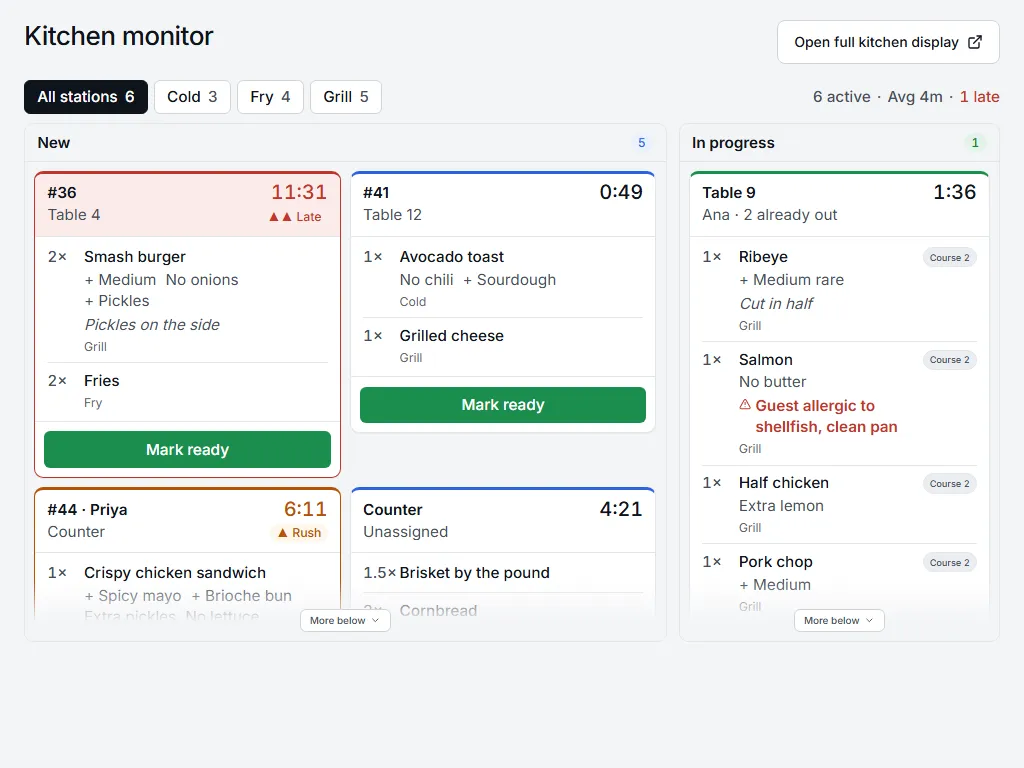 The Batch kitchen monitor on a tablet screen, for a fictional business, Harbor & Pine: new and in-progress tickets with a mark-ready button.
